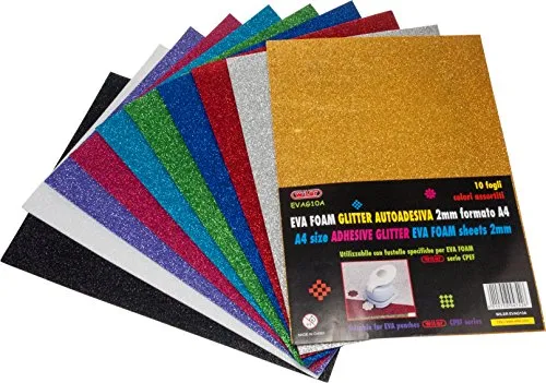 Wiler EVAG10A Confezione da 10 Fogli di Eva Foam Glitter Autoadesiva, Gomma Espansa 2mm Formato A4 Colori Assortiti