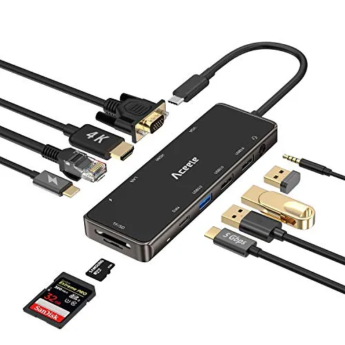 Aceele Hub USB C 11 in 1 Adattatore USB C con 4K HDMI, VGA, Ethernet, Doppia Tipo C (Dati e PD), 2 USB 3.0 2 USB 2.0, Slot SD/TF, Audio/Mic per MacBook Pro/Air Surface Go/Pro7 Samsung Dex S10 ECC