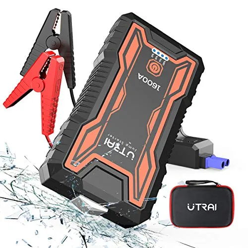 UTRAI Avviatore di Emergenza Powerbank 1600A 16000mAh Jump Starter Avviatore Auto Portatile (per Motori 12V Diesel 6.5L e Benzina 7.0L), Martello di Sicurezza, Doppia USB, Torcia a LED