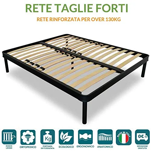 EVERGREENWEB - Rete Matrimoniale 165x195 a Doghe in Legno per TAGLIE FORTI XXL Rinforzata con Doppia Struttura in Ferro + Regolatori Zona Lombare 5 Gambe Smontabili Base da Incasso x Letti e Materassi