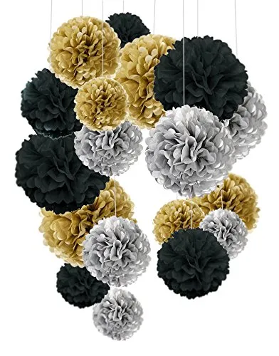 Cocodeko 18 Pezzi Pompon in Carta Velina Decorativo Palla Fiore per Il Compleanno Decorazione della Festa Nuziale - Nero, Argento e Oro