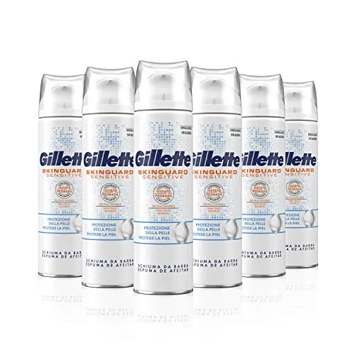 Gillette Schiuma da Barba Skinguard Sensitive, 6 Confezioni da 250 ml, Maxi Formato, Clinicamente Testato Riduce l'Attrito dalle Lamette, Facile da Distribuire e Risciacquare