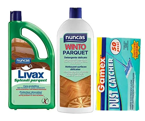 NUNCA SET DETERGENTE PULIZIA PAVIMENTI - LIVAX CERA SPLENDI PARQUET 1 LT - WINTO PARQUET 1LT più 50 PANNI ELETTROSTATICI CATTURAPOLVERE 22X29.