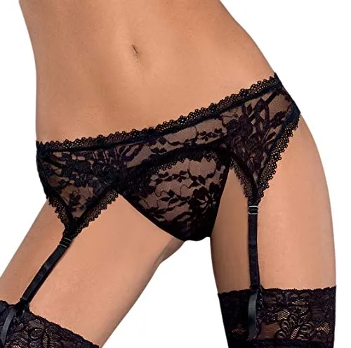 Selente Love & Fun Seducente completo intimo donna: reggicalze e tanga abbinato in un'accattivante confezione regalo, nero pizzo, S-M