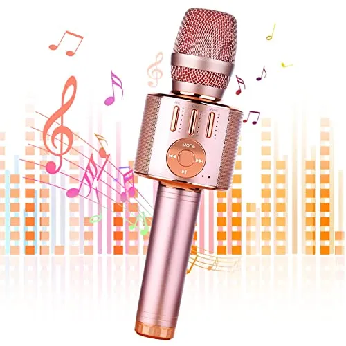 Beedove Microfono Karaoke per Bambini, 4 in 1 Bluetooth Wireless Microfono Karaoke, con Funzione Registrazione LED Portatile Altoparlante Compatibile con Android/iOS per Festa a Casa Regalo (Rosa)