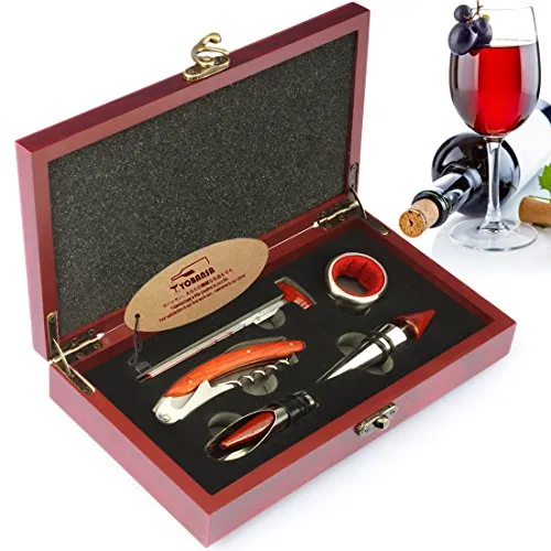 YOBANSA Scatola di legno Accessori per vino Set regalo, cavatappi per vino, tappo per vino, versatore vino, anello per vino, termometro per vino