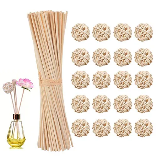 80 Pezzi Bastoncini di diffusore di Olio di Legno di Reed Sostituzione bastoni da Bastoncino di Rattan+20 Pezzi di Palline di Vimini in Vimini, Sfere Naturali Decorative riempitivi per vasi Accessori