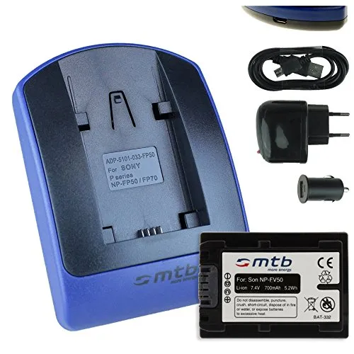 Batteria + Caricabatteria (USB/Auto/Corrente) compatibile con Sony NP-FV50 / DEV-30, 50V. / HDR-CX740, CX900./PJ410 PJ620. / FDR-AX33. / NEX-VG. v. lista!