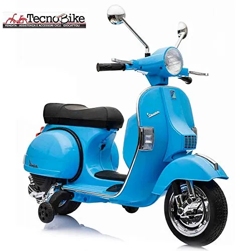 Tecnobike Shop Moto Scooter Elettrico per Bambini Ufficiale Piaggio Vespa PX 150 12V con Rotelle Sella in Pelle Nero/Beige Crema (Azzurro)