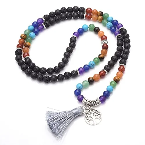 Jovivi Gioielli Pietre Naturale Collana Braccialetto Retro Tibetano Buddismo India Agata Mala Guarigione Energia Terapia Preghiera Yoga 7 Chakra Bracciale Elastico - Albero della Vita