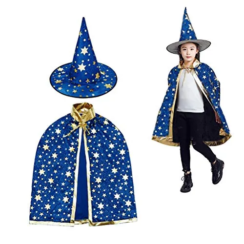 MUCHEN SHOP Costume da Mago,Costume da Mtrega per Mambini Abbigliamento da Elfo Cappello e Mantello per Halloween Bambino Gioco di Ruolo del Sciamano Blu