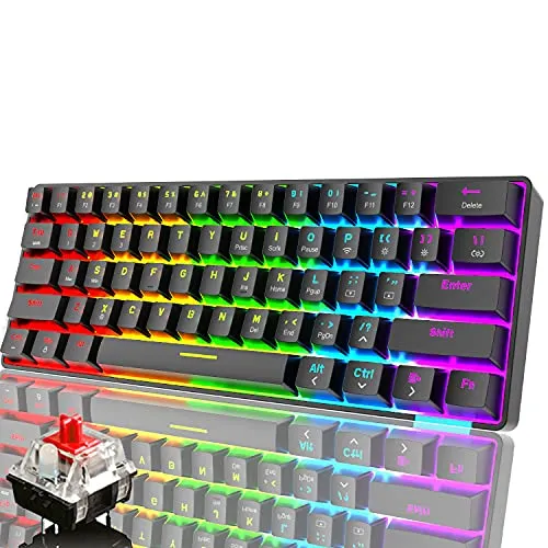 Tastiera da gioco RGB cablata, tastiera ricaricabile con cavo di tipo C, tastiera meccanica programmabile a 61 tasti retroilluminata arcobaleno, Bluetooth 5.0 wireless (interruttore nero/rosso)