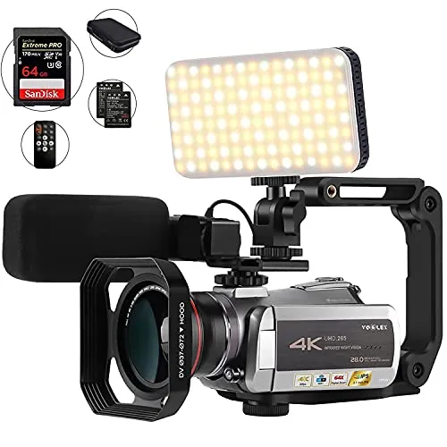 Videocamera 4K, con zoom digitale 64X, connessione con luce LED/microfono e altri accessori (borsa DV e scheda SD da 32 GB)