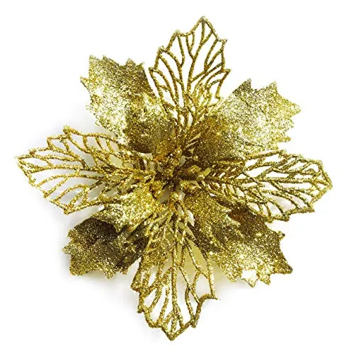 GL-Turelifes - Confezione da 12 Fiori di Stella di Natale Artificiali Glitterati, Ghirlanda di Natale per Albero di Natale, Diametro 16 cm,Oro