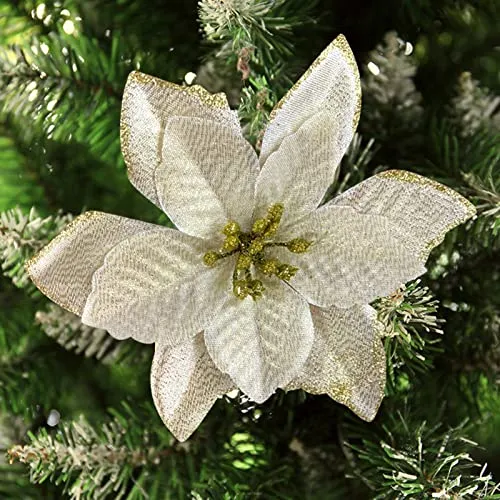 Fiori per Albero di Natale,Gosear 24pcs 15cm Artificiale Glitter Ornamenti di Decorazioni Albero di Natale con Clip 24pcs (oro)