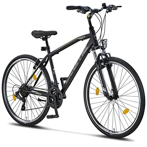 Licorne Bike - Bici da trekking, 28 pollici, per ragazzi, ragazze, donne e uomini, cambio a 21 marce – Life M-V, Bambina, nero/grigio, 28 inches