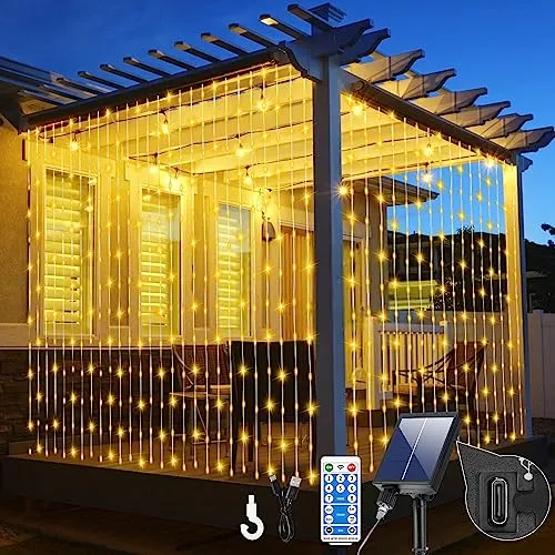 GCMacau 600 LED Tenda Luminosa Solare, 6M X 3M 8 Modalità Dimmerabile Tenda Luci Esterno IP65 Impermeabile Tenda Catena Solare, Tenda Luci Solare con Type-C Esterno or Interno per Wedding, Natale