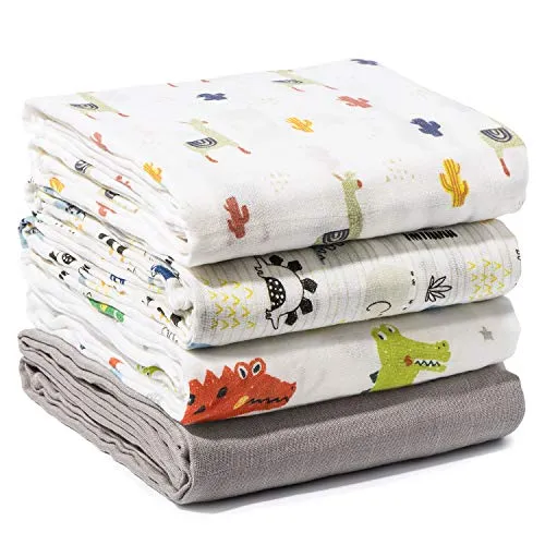 Confezione da 4 Swaddles per Bambino Momcozy con Fantasia di Animali, 120 x 120 cm, Coperte per Bambino 70% Bambù e 30% Cotone, Morbide Coperte da Bambino per Dormire, Prodotti Essenziali Per neonati