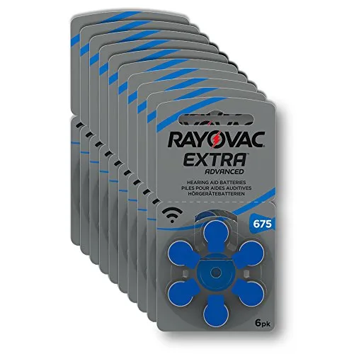 Rayovac Extra Advanced Batterie Acustiche Zinco Aria, Formato 675 Value Pack da 60 Batterie, Blu