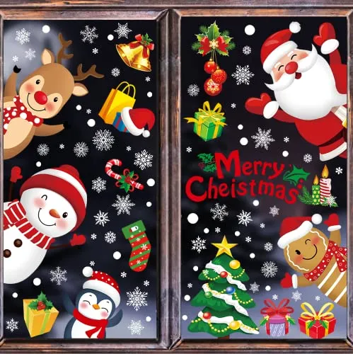 224 PCS 9 Pezzi di adesivi di finestre di Natale, adesivi di finestre a fiocco doppio lato di neve adesivi di Babbo Natale Snowman decorazioni di festa d'inverno renne