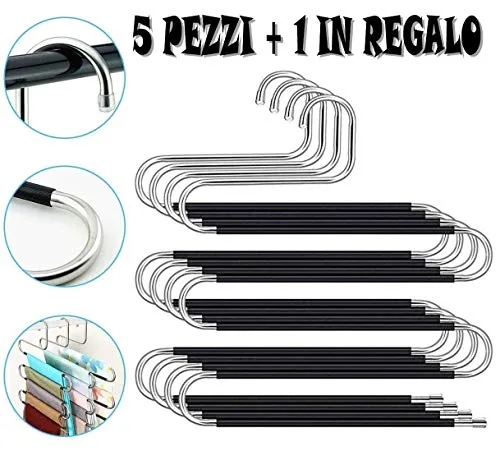 SimplyTidy Appendipantaloni Salvaspazio, Appendini Multiuso In Acciaio Inossidabile E Gomma Antiscivolo, Grucce Organizer Appendiabiti Per Pantaloni, Asciugamani, Sciarpe, Cravatte, Set Da 6 Pezzi