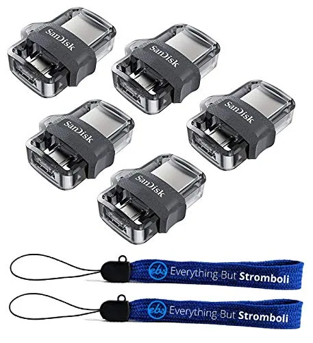 SanDisk Ultra (Five Pack) Dual Drive m3.0 for Android Devices and Computers Flash Drive Bundle with (2) Everything But Stromboli Lanyard (64GB 5 Pack)