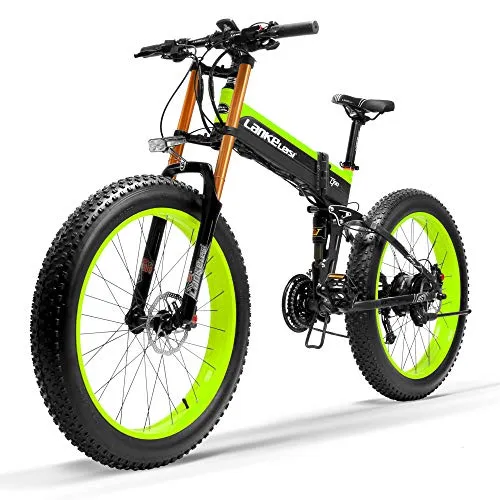 LANKELEISI T750Plus New Bike elettrica, 5 Livelli di Assistenza al Pedale sensore, Snow Bike, 48 V 14.5Ah Batteria agli ioni di Litio, aggiornato Forcella (Nero Verde, 1000W + 1 Batteria di Ricambio)