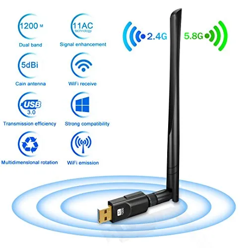 Adattatore Antenna USB WiFi Chiavetta Wifi con Antenna 5dBi Ricevitore WiFi 1200Mbps(300Mbps/2.4G & 867Mbps/5.8G) 11ac Dual Band, Compatibile con Windows 10/8/7 / Vista / XP / 2000, Mac OS