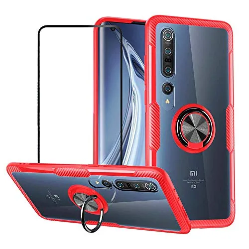 Dabiaoge Cover Trasparente Compatibile con Xiaomi Mi 10 5G/Mi 10 PRO 5G,360°Ring Difesa Custodia Trasparente Bumper TPU Case+Vetro temperat,Rosso