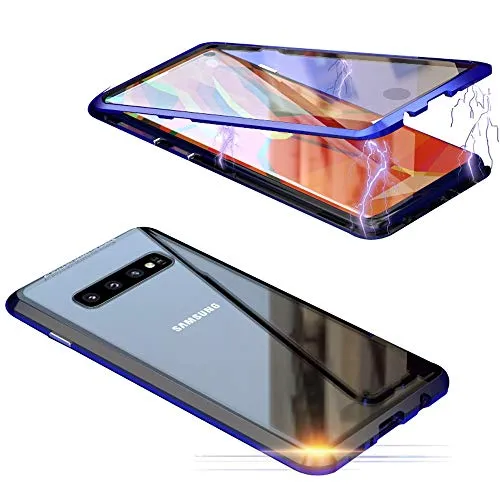 Jonwelsy Cover per Samsung Galaxy S10 Plus (6,4 Pollice), 360 Gradi Anteriore e Posteriore Vetro Temperato Trasparente Custodia, Tecnologia di Adsorbimento Magnetico Bumper Metallo (Blu/Nero)