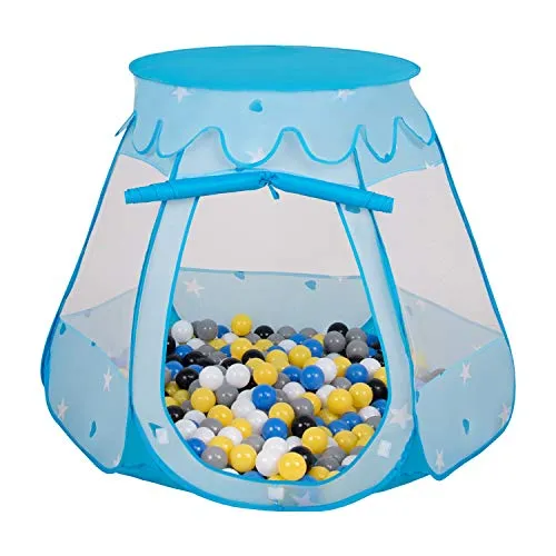 SELONIS Tenda 105X90cm/300 Palline Castello con Palline Colorate per Bambini, Blu:Nero/Bianco/Grigio/Blu/Giallo