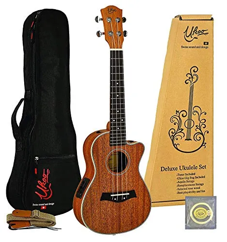 Ukoo - Ukulele da concerto da 24", in mogano, con EQ MA 24/310 C-EQ di Ukoo Schweiz, acustico ed elettrico, preamplificatore e accordatore con corde Aquila, custodia e tracolla