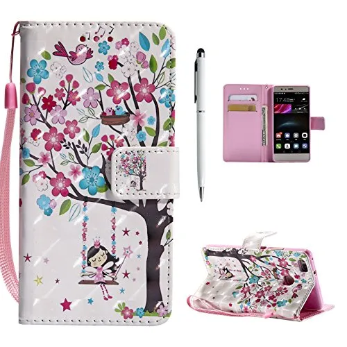 Custodia Cover per Huawei P9 Lite Cover Pelle, Libro Portafoglio Elegante 3D Disegno Colorate Wallet Case, Hancda Custodia Flip in Pelle Antiurto Stand Book Con Magnetica Porta Carte di Credito Cover Protettiva Caso Copertura per Huawei P9 Lite - Albero Ragazza