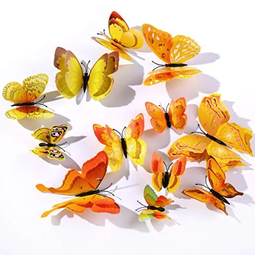 12 Pezzi Farfalle Adesivi Murali,3D Adesivi Murali da Parete per Casa,Camera dei Bambini e Stanza delle Ragazze-Giallo