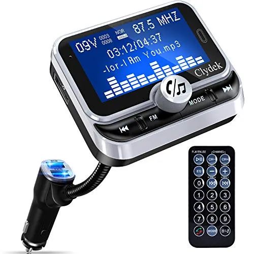 Trasmettitore FM Bluetooth Auto, Clydek Adattatore per Caricabatterie con display da 1,8 "e Telecomando, 4 Modalità di Riproduzione Musicale, Caricatore Rapido QC3.0, Vivavoce, Ingresso e Uscita AUX