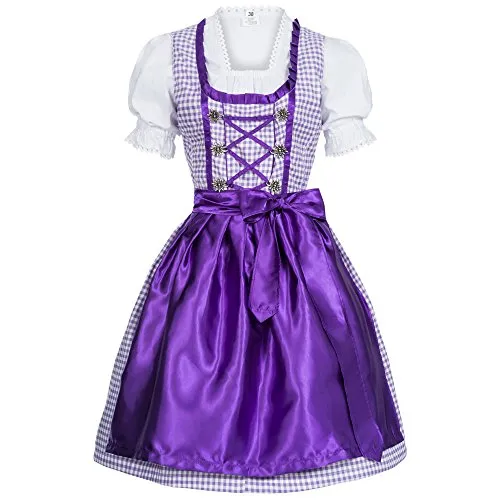 Gaudi-Leathers Bavarese Dirndl Set 3 Viola Bianco Pezzi Costume Tipico Tirolese per Oktoberfest Carnevale Donna 46