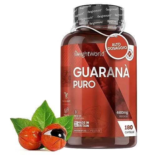 Guarana 4800mg Puro - 180 Capsule Vegane (Scorta 3 Mesi) - Integratore Dietetico a Base di Estratto di Guarana - Guaranà Alto Dosaggio con 2 volte più Caffeina del Caffè - Integratore Guarana