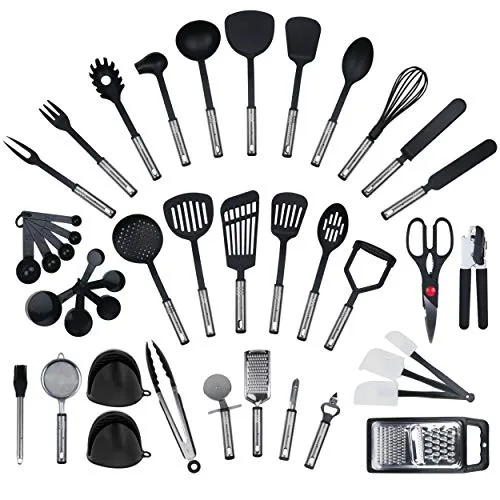 KRONENKRAFT, set di 42 utensili da cucina in acciaio inox e nylon, strumenti per cucinare, compresi spatole, pinze, cucchiaio, misurino, frusta, apriscatole, pelapatate, raschietto