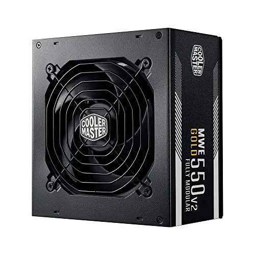 Cooler Master MWE 550 Gold V2 Alimentatore Completamente Modulare (Spina UE) - Alimentatore 80 PLUS Gold da 550W, Cavi Piatti Neri, Ventola HDB da 120mm, Soglia Alta Temperatura - 5 Anni di Garanzia