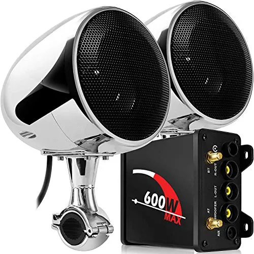 Aileap 600W Amplificatore 4 pollici. Altoparlanti stereo Bluetooth per moto impermeabili a gamma completa Lettore musicale MP3 Sistema audio per Harley Touring Cruiser ATV UTV Jet Ski (Cromo)