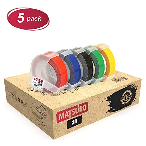 Matsuro Originale | Compatibili Nastri 3D Etichette a Rilievo Sostituzione per DYMO Etichettatrici, stampa bianca su nero blu rosso verde giallo (9 mm x 3 m | plastica | Confezione da 5)