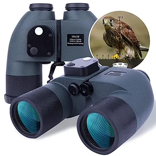 10x50 Binocolo Marino per Adulti, Binocoli Militare Impermeabile con Bussola Telemetro BAK4 Prisma Lente FMC Antiappannamento per la Navigazione Birdwatching Caccia (LP015)