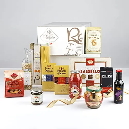 RE REGALO DISPENSA 12 prodotti Cioccolato, Gelatine di frutta, Canestrelli, Passata di pomodoro, Zuppa di farro, Pasta di semola, Giardiniera, Aceto balsamico, Caffè Pellini e altro, Alta Qualità