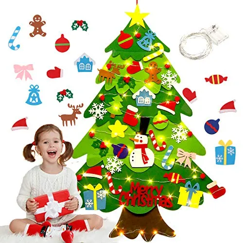 Justdolife Feltro Albero Natale,3.2ft Albero di Natale con 50 luci a LED 32 Staccabili per i Bambini DIY Natale Albero Regali di Natale di per la Decorazione della Parete del Portello dei Bambini