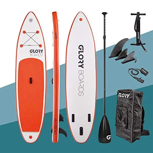 Glory Boards® 2020 - Stand up Paddling Board gonfiabile - portata fino a 180 kg - SUP Set completo con pagaia, pompa, zaino - Kajak e Windsurf Option - SUP Board, Cross 11'0'' arancione