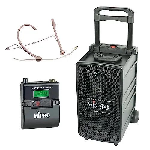 Mipro MA-727 - Altoparlante portatile con modulo di ricezione a 1 canale, 5,8 GHz + trasmettitore tascabile + microfono per cuffie