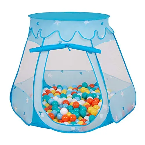 Selonis Tenda 105X90cm/300 Palline Castello Con Palline Colorate Per Bambini, Blu:Bianco/Giallo/Arancione/Azzurro/Turchese