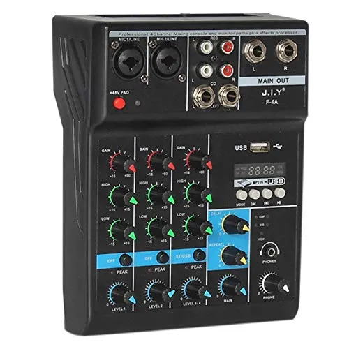 Nrpfell Mixer Professionale A 4 Canali Mixaggio Audio Console DJ con Effetto Riverbero per Karaoke da Casa USB Live Stage KTV