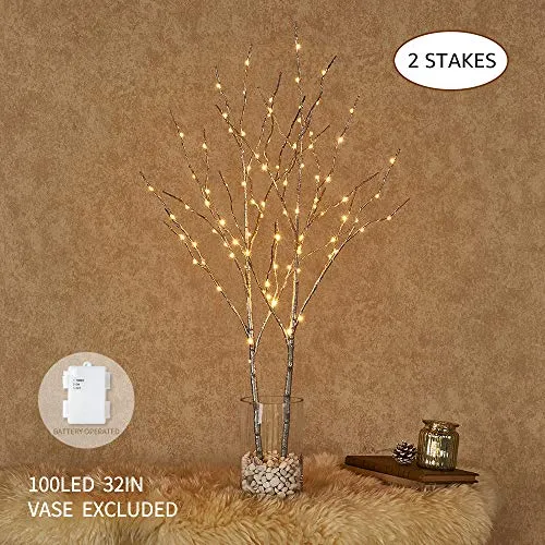 Hairui Rami di Salice Illuminato Argento Decorazione Luci 32in 100LED Batteria Ramoscello Branch Luci Illuminato per Vacanze Decor Interno ed Esterno 2 Pachi(Vaso escluso)