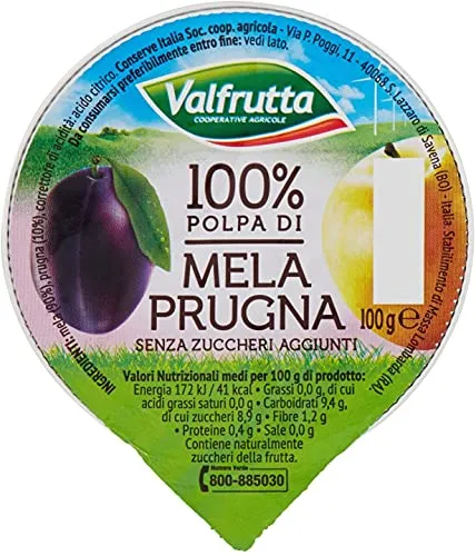 Valfrutta - 100% Polpa di Mela e Prugna, senza zuccheri aggiunti e glutine - 60 vaschette da 100 g